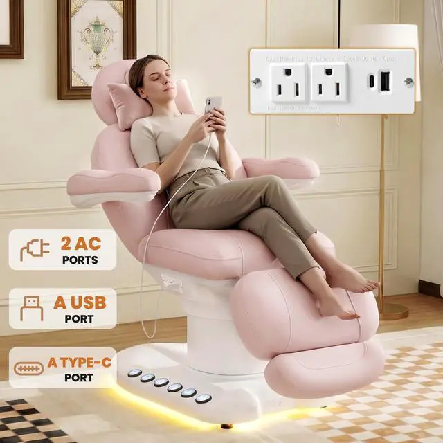 Alt view image 6 of 7 - Fully Electric Massage Table with 3 Motors, Professional Esthetician Bed with LED Light, Height, Length & Angle Adjustable Beauty Spa Bed for Facial & Medical, Stool Included, Pink
