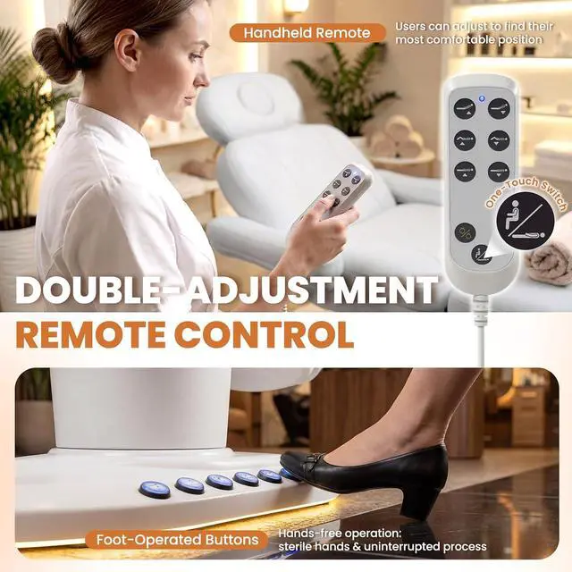 Alt view image 4 of 7 - Fully Electric Massage Table with 3 Motors, Professional Esthetician Bed with LED Light, Height, Length & Angle Adjustable Beauty Spa Bed for Facial & Medical, Stool Included, White