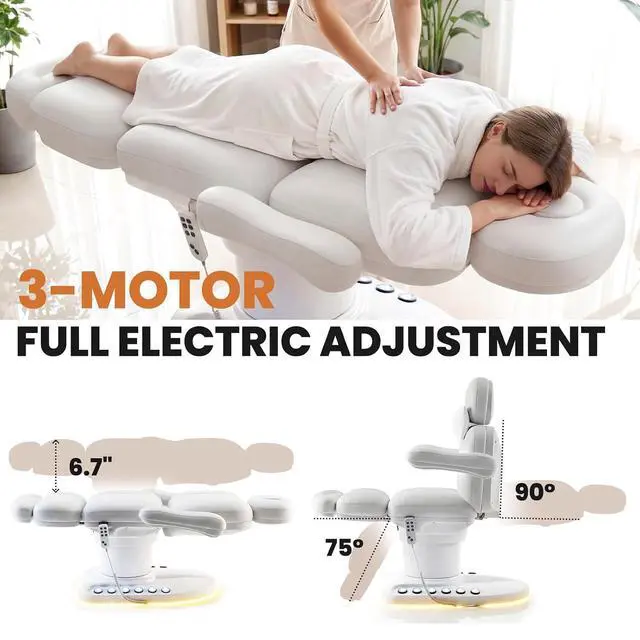 Alt view image 5 of 7 - Fully Electric Massage Table with 3 Motors, Professional Esthetician Bed with LED Light, Height, Length & Angle Adjustable Beauty Spa Bed for Facial & Medical, Stool Included, White