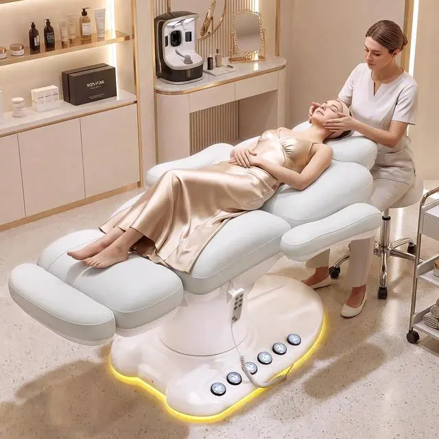 Alt view image 3 of 7 - Fully Electric Massage Table with 3 Motors, Professional Esthetician Bed with LED Light, Height, Length & Angle Adjustable Beauty Spa Bed for Facial & Medical, Stool Included, White
