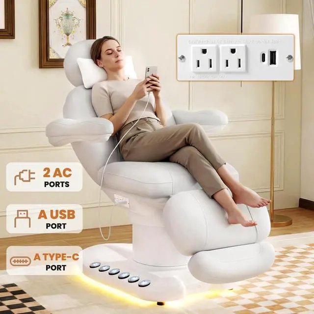 Alt view image 6 of 7 - Fully Electric Massage Table with 3 Motors, Professional Esthetician Bed with LED Light, Height, Length & Angle Adjustable Beauty Spa Bed for Facial & Medical, Stool Included, White