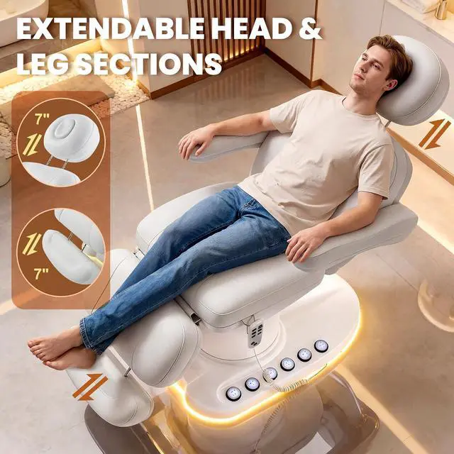 Alt view image 7 of 7 - Fully Electric Massage Table with 3 Motors, Professional Esthetician Bed with LED Light, Height, Length & Angle Adjustable Beauty Spa Bed for Facial & Medical, Stool Included, White