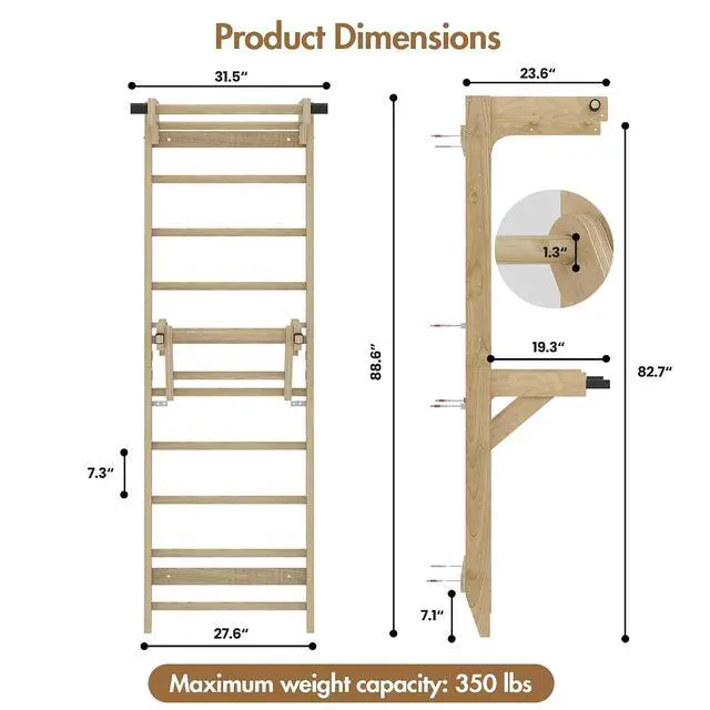 Alt view image 2 of 7 - Swedish Ladder Wall Bar with Adjustable Pull-Up Bar | Solid Wood Construction, 10 Pine Rungs, All Ages, for Home, School, Gymnastics Training