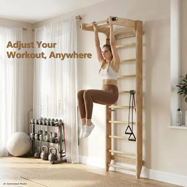 Alt view image 3 of 7 - Swedish Ladder Wall Bar with Adjustable Pull-Up Bar | Solid Wood Construction, 10 Pine Rungs, All Ages, for Home, School, Gymnastics Training