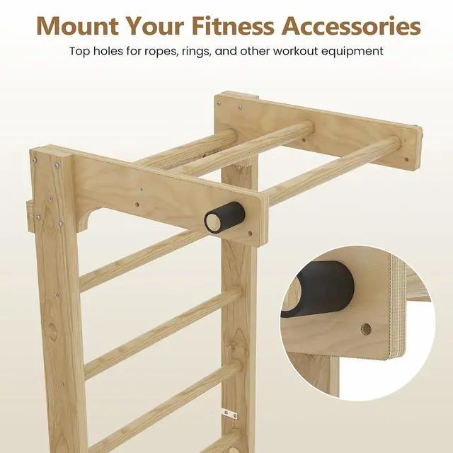 Alt view image 6 of 7 - Swedish Ladder Wall Bar with Adjustable Pull-Up Bar | Solid Wood Construction, 10 Pine Rungs, All Ages, for Home, School, Gymnastics Training