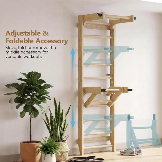 Alt view image 4 of 7 - Swedish Ladder Wall Bar with Adjustable Pull-Up Bar | Solid Wood Construction, 10 Pine Rungs, All Ages, for Home, School, Gymnastics Training