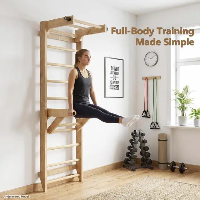 Alt view image 5 of 7 - Swedish Ladder Wall Bar with Adjustable Pull-Up Bar | Solid Wood Construction, 10 Pine Rungs, All Ages, for Home, School, Gymnastics Training