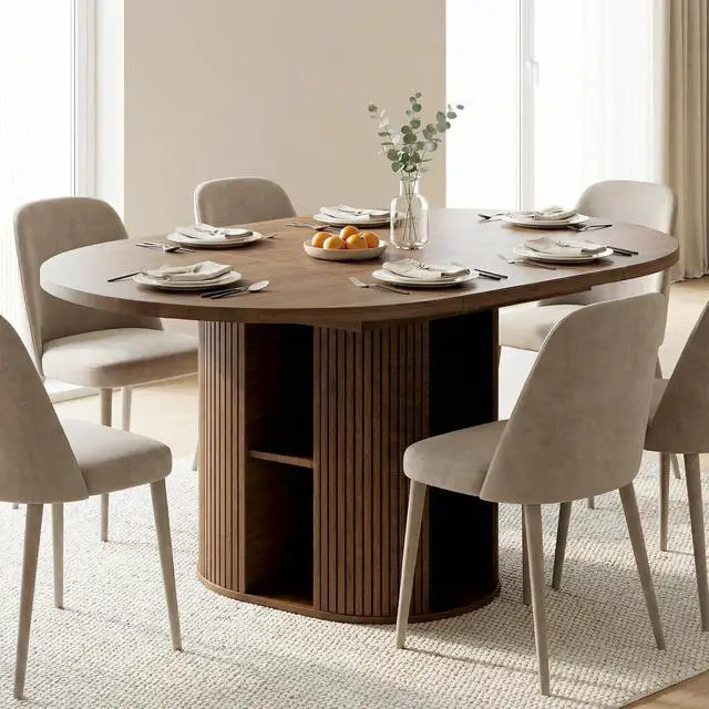 Alt view image 3 of 7 - 43.3''59'' Extendable Round Dining Table for 48, Modern Wood Oval Kitchen Table with Storage Shelf, Space-Saving Expandable Circle Dinner Table for Dining Room or Living Room (Walnut)