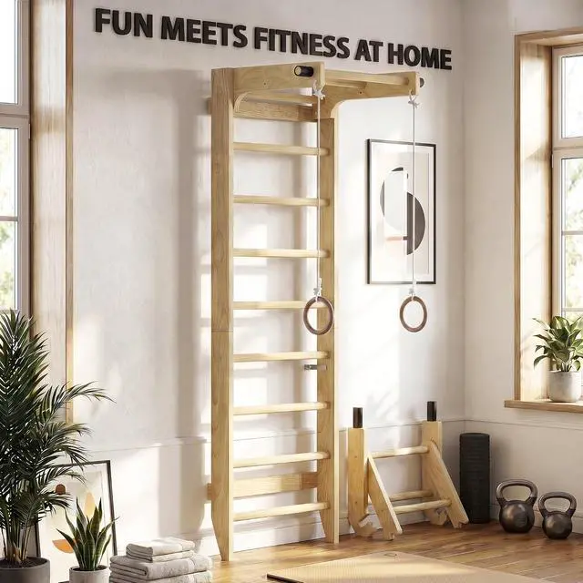 Alt view image 7 of 7 - Swedish Ladder Wall Bar with Adjustable Pull-Up Bar | Solid Wood Construction, 10 Pine Rungs, All Ages, for Home, School, Gymnastics Training