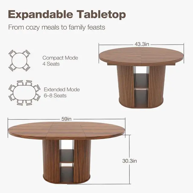 Alt view image 2 of 7 - 43.3''59'' Extendable Round Dining Table for 48, Modern Wood Oval Kitchen Table with Storage Shelf, Space-Saving Expandable Circle Dinner Table for Dining Room or Living Room (Walnut)