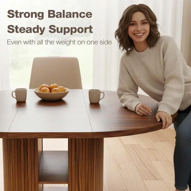 Alt view image 5 of 7 - 43.3''59'' Extendable Round Dining Table for 48, Modern Wood Oval Kitchen Table with Storage Shelf, Space-Saving Expandable Circle Dinner Table for Dining Room or Living Room (Walnut)