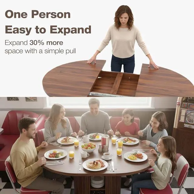 Alt view image 4 of 7 - 43.3''59'' Extendable Round Dining Table for 48, Modern Wood Oval Kitchen Table with Storage Shelf, Space-Saving Expandable Circle Dinner Table for Dining Room or Living Room (Walnut)