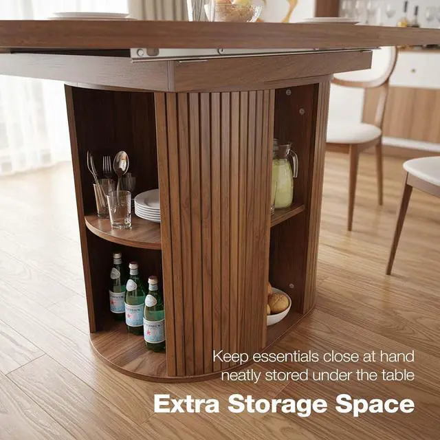 Alt view image 6 of 7 - 43.3''59'' Extendable Round Dining Table for 48, Modern Wood Oval Kitchen Table with Storage Shelf, Space-Saving Expandable Circle Dinner Table for Dining Room or Living Room (Walnut)