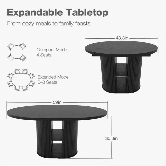 Alt view image 2 of 7 - 43.3''59'' Extendable Round Dining Table for 48, Modern Wood Oval Kitchen Table with Storage Shelf, Space-Saving Expandable Circle Dinner Table for Dining Room or Living Room (Black)