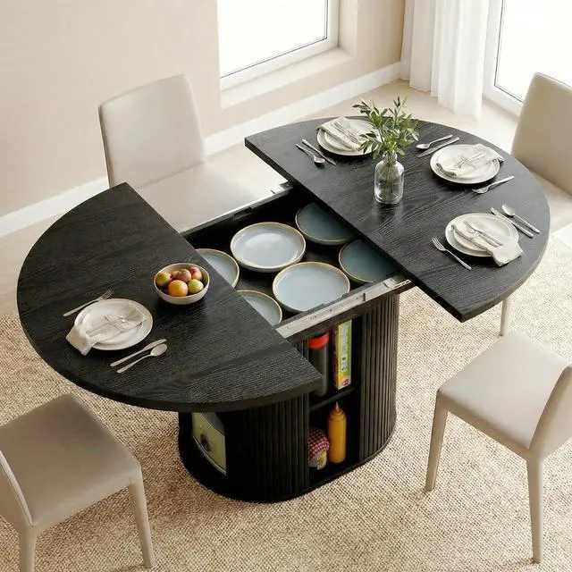 Main image of 43.3''59'' Extendable Round Dining Table for 48, Modern Wood Oval Kitchen Table with Storage Shelf, Space-Saving Expandable Circle Dinner Table for Dining Room or Living Room (Black)