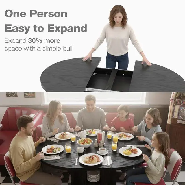Alt view image 3 of 7 - 43.3''59'' Extendable Round Dining Table for 48, Modern Wood Oval Kitchen Table with Storage Shelf, Space-Saving Expandable Circle Dinner Table for Dining Room or Living Room (Black)