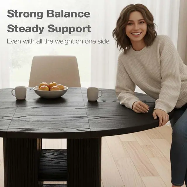 Alt view image 4 of 7 - 43.3''59'' Extendable Round Dining Table for 48, Modern Wood Oval Kitchen Table with Storage Shelf, Space-Saving Expandable Circle Dinner Table for Dining Room or Living Room (Black)