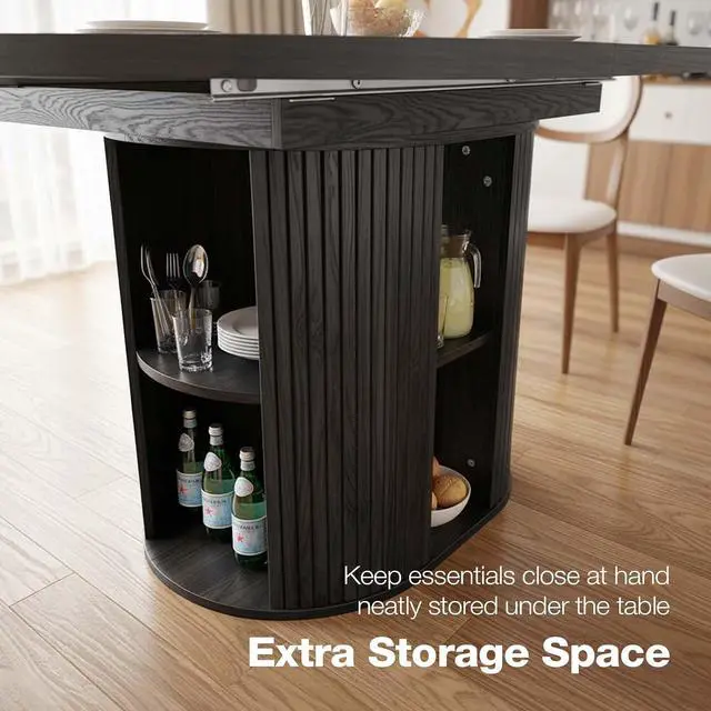 Alt view image 5 of 7 - 43.3''59'' Extendable Round Dining Table for 48, Modern Wood Oval Kitchen Table with Storage Shelf, Space-Saving Expandable Circle Dinner Table for Dining Room or Living Room (Black)