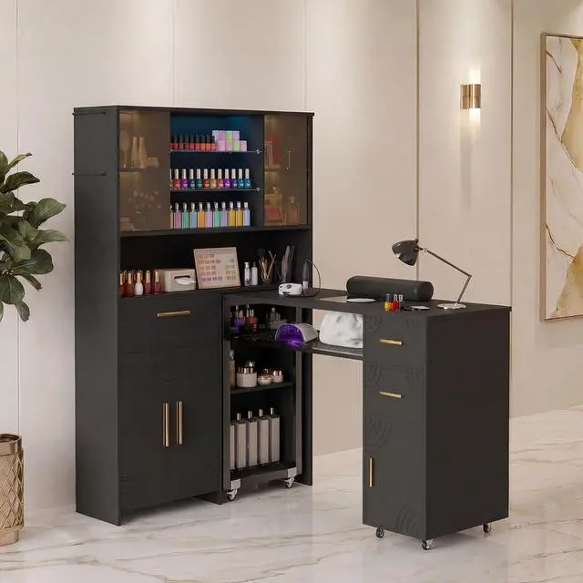 Main image of Manicure Table with LED Display Cabinet, Mobile Nail Tech Desk Built-in Dust Collector, Nail Station with Double Tabletop, 3 Adjustable Shelves, Open Storage, Drawers & Cabinets, Black