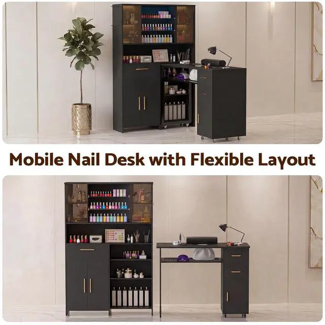 Alt view image 3 of 7 - Manicure Table with LED Display Cabinet, Mobile Nail Tech Desk Built-in Dust Collector, Nail Station with Double Tabletop, 3 Adjustable Shelves, Open Storage, Drawers & Cabinets, Black