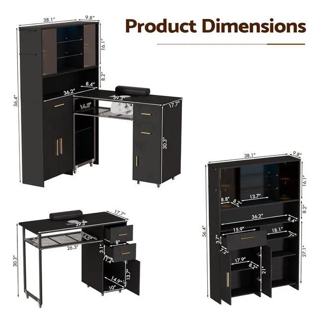 Alt view image 2 of 7 - Manicure Table with LED Display Cabinet, Mobile Nail Tech Desk Built-in Dust Collector, Nail Station with Double Tabletop, 3 Adjustable Shelves, Open Storage, Drawers & Cabinets, Black