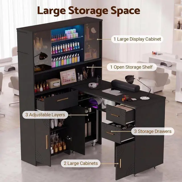 Alt view image 7 of 7 - Manicure Table with LED Display Cabinet, Mobile Nail Tech Desk Built-in Dust Collector, Nail Station with Double Tabletop, 3 Adjustable Shelves, Open Storage, Drawers & Cabinets, Black