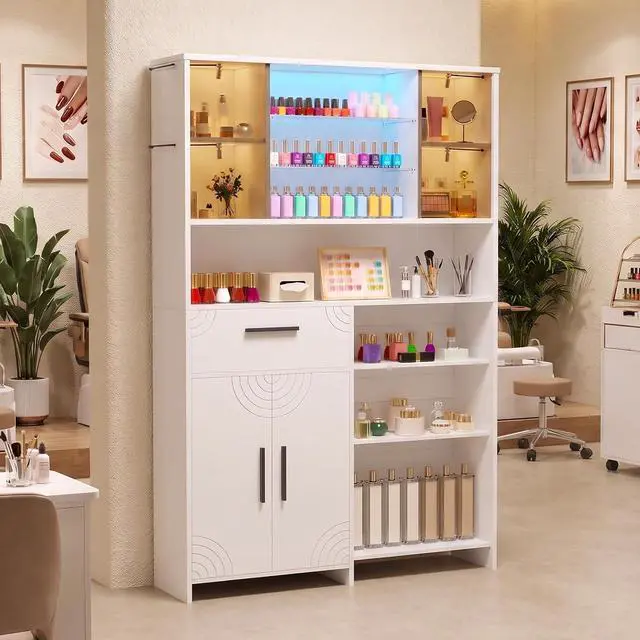 Main image of Professional Nail Storage Cabinet with LED Display Shelf (White) | 3 Adjustable Shelves, Sliding Mirror & Glass Doors, Large Salon Organizer Cabinet for Nail Polish, Beauty Salon & Home Studio