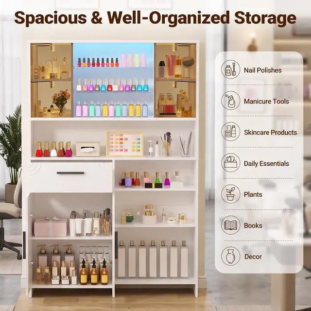 Alt view image 3 of 7 - Professional Nail Storage Cabinet with LED Display Shelf (White) | 3 Adjustable Shelves, Sliding Mirror & Glass Doors, Large Salon Organizer Cabinet for Nail Polish, Beauty Salon & Home Studio