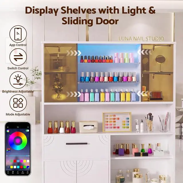 Alt view image 5 of 7 - Professional Nail Storage Cabinet with LED Display Shelf (White) | 3 Adjustable Shelves, Sliding Mirror & Glass Doors, Large Salon Organizer Cabinet for Nail Polish, Beauty Salon & Home Studio