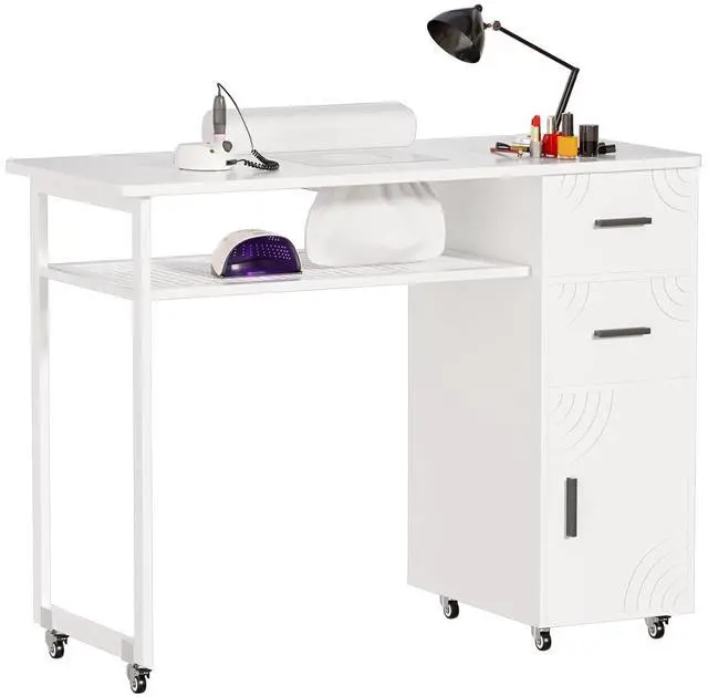 Main image of Manicure Table Nail Desk with Dust Collector & Wheels (White) | 2 Storage Drawers & 1 Cabinet, 6 Smooth Rolling Casters (4 Lockable), Wrist Rest, Professional Nail Tech Workstation