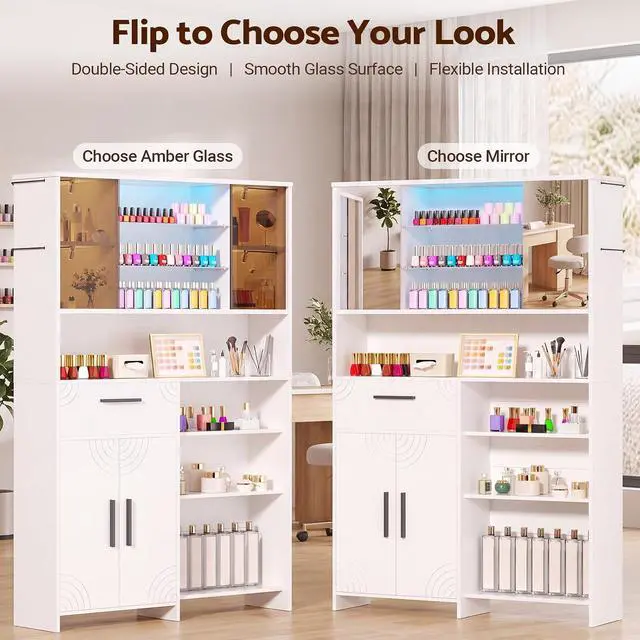 Alt view image 6 of 7 - Professional Nail Storage Cabinet with LED Display Shelf (White) | 3 Adjustable Shelves, Sliding Mirror & Glass Doors, Large Salon Organizer Cabinet for Nail Polish, Beauty Salon & Home Studio