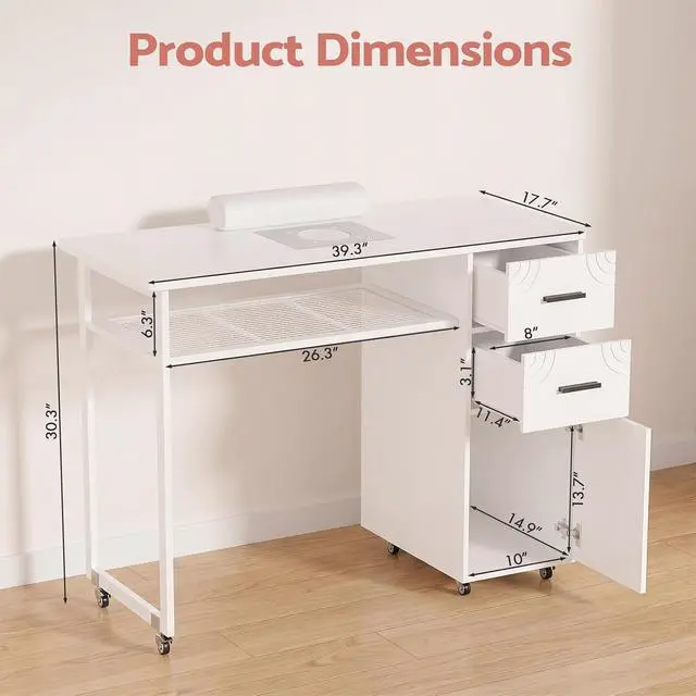 Alt view image 2 of 7 - Manicure Table Nail Desk with Dust Collector & Wheels (White) | 2 Storage Drawers & 1 Cabinet, 6 Smooth Rolling Casters (4 Lockable), Wrist Rest, Professional Nail Tech Workstation
