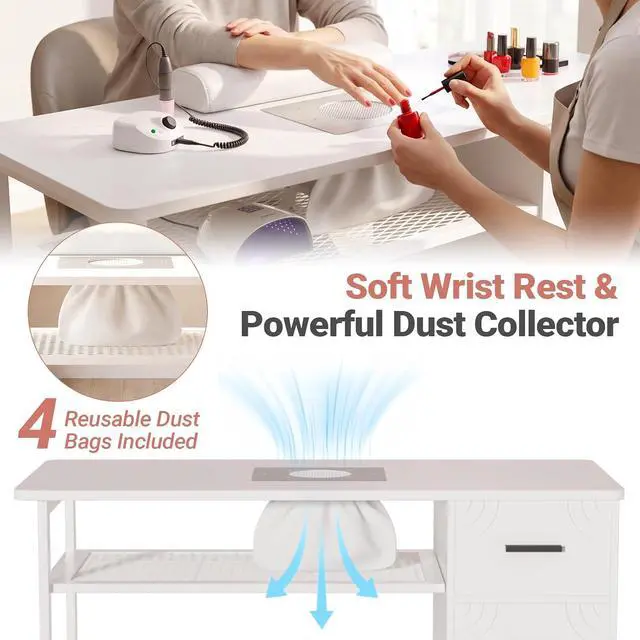 Alt view image 3 of 7 - Manicure Table Nail Desk with Dust Collector & Wheels (White) | 2 Storage Drawers & 1 Cabinet, 6 Smooth Rolling Casters (4 Lockable), Wrist Rest, Professional Nail Tech Workstation