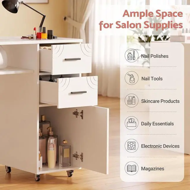 Alt view image 5 of 7 - Manicure Table Nail Desk with Dust Collector & Wheels (White) | 2 Storage Drawers & 1 Cabinet, 6 Smooth Rolling Casters (4 Lockable), Wrist Rest, Professional Nail Tech Workstation