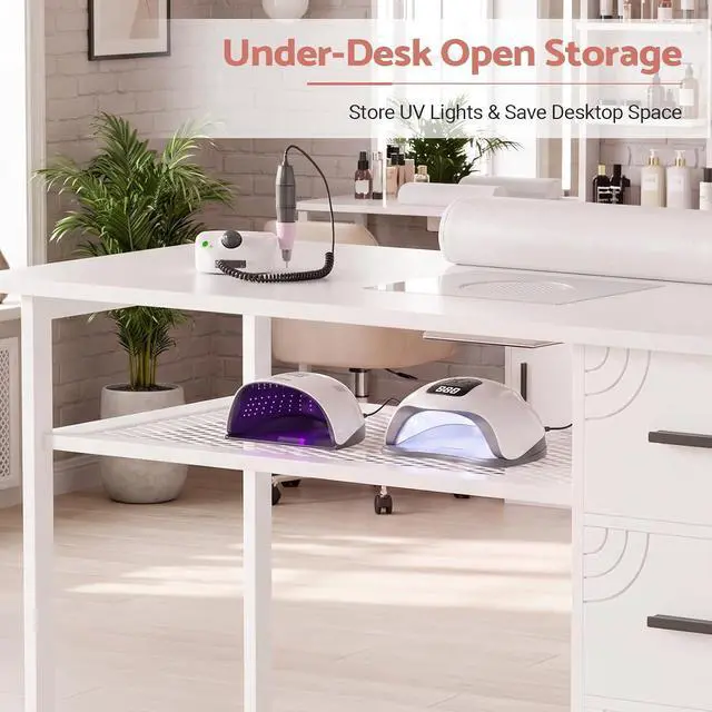 Alt view image 4 of 7 - Manicure Table Nail Desk with Dust Collector & Wheels (White) | 2 Storage Drawers & 1 Cabinet, 6 Smooth Rolling Casters (4 Lockable), Wrist Rest, Professional Nail Tech Workstation