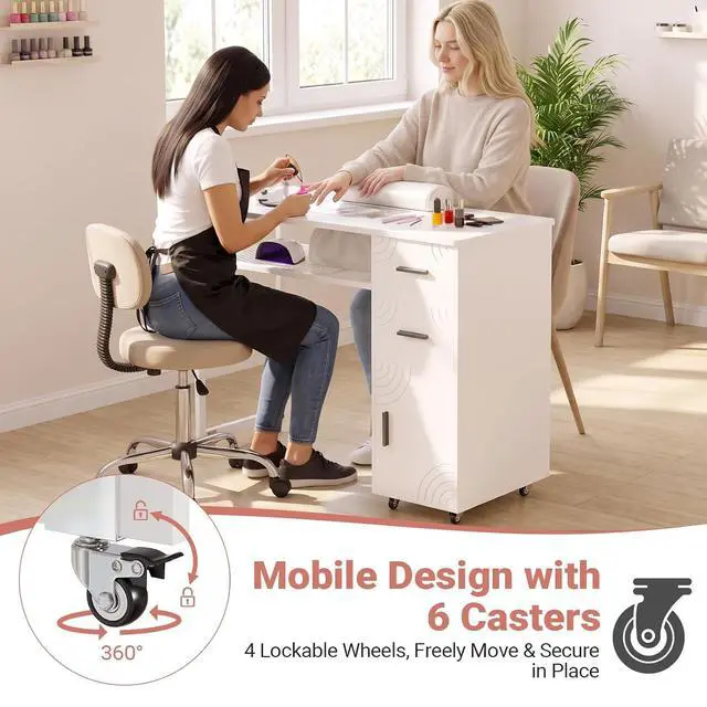 Alt view image 6 of 7 - Manicure Table Nail Desk with Dust Collector & Wheels (White) | 2 Storage Drawers & 1 Cabinet, 6 Smooth Rolling Casters (4 Lockable), Wrist Rest, Professional Nail Tech Workstation