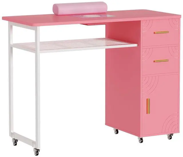 Main image of Manicure Table Nail Desk with Dust Collector & Wheels (Pink) | 2 Storage Drawers & 1 Cabinet, 6 Smooth Rolling Casters (4 Lockable), Wrist Rest, Professional Nail Tech Workstation