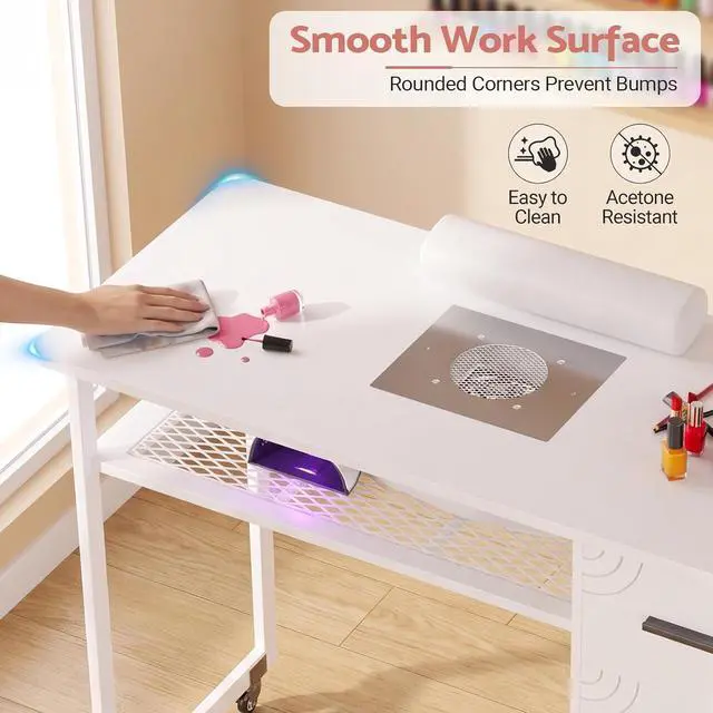 Alt view image 7 of 7 - Manicure Table Nail Desk with Dust Collector & Wheels (White) | 2 Storage Drawers & 1 Cabinet, 6 Smooth Rolling Casters (4 Lockable), Wrist Rest, Professional Nail Tech Workstation