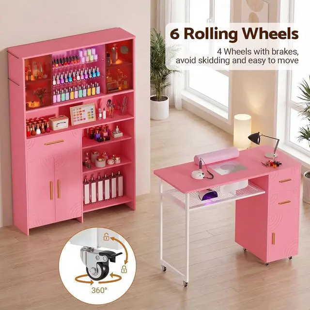Alt view image 3 of 4 - Manicure Table Nail Desk with Dust Collector & Wheels (Pink) | 2 Storage Drawers & 1 Cabinet, 6 Smooth Rolling Casters (4 Lockable), Wrist Rest, Professional Nail Tech Workstation