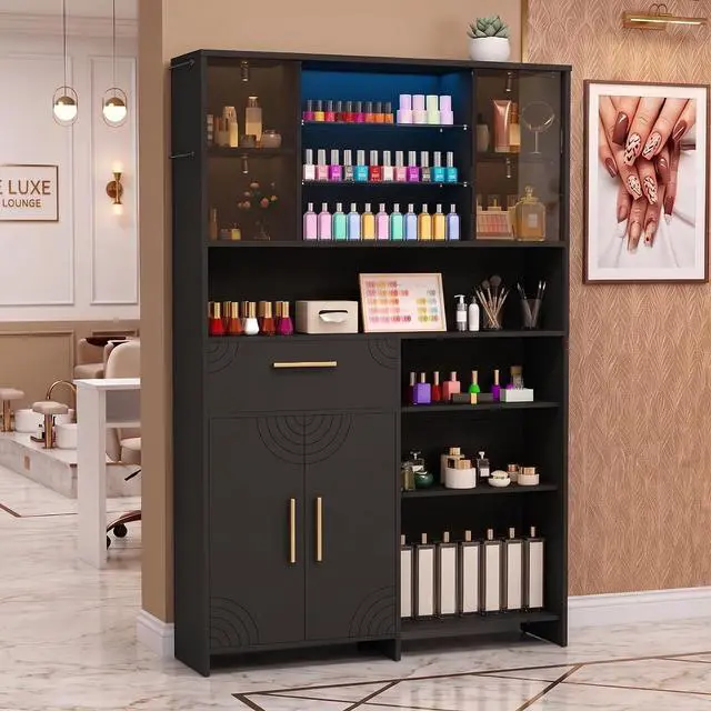 Main image of Professional Nail Storage Cabinet with LED Display Shelf (Black) | 3 Adjustable Shelves, Sliding Mirror & Glass Doors, Large Salon Organizer Cabinet for Nail Polish, Beauty Salon & Home Studio