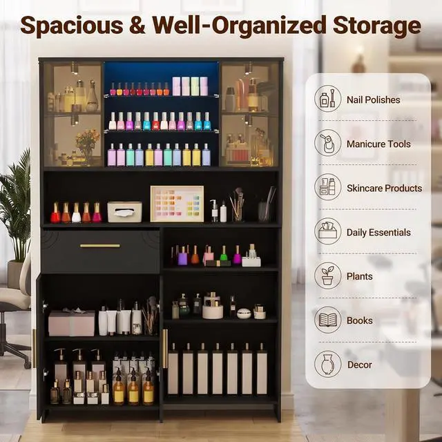 Alt view image 3 of 7 - Professional Nail Storage Cabinet with LED Display Shelf (Black) | 3 Adjustable Shelves, Sliding Mirror & Glass Doors, Large Salon Organizer Cabinet for Nail Polish, Beauty Salon & Home Studio