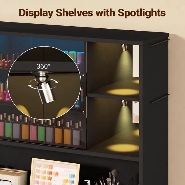 Alt view image 4 of 7 - Professional Nail Storage Cabinet with LED Display Shelf (Black) | 3 Adjustable Shelves, Sliding Mirror & Glass Doors, Large Salon Organizer Cabinet for Nail Polish, Beauty Salon & Home Studio