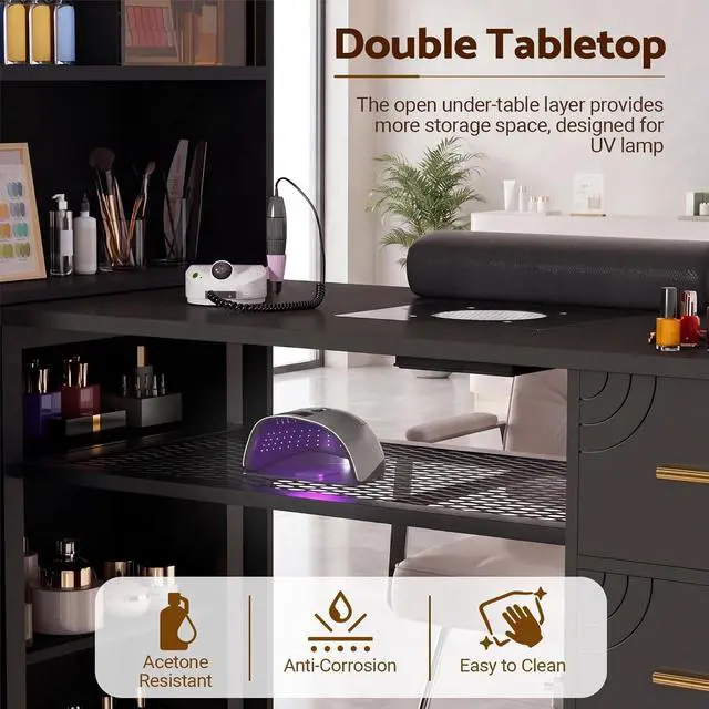 Alt view image 3 of 4 - Manicure Table Nail Desk with Dust Collector & Wheels (Black) | 2 Storage Drawers & 1 Cabinet, 6 Smooth Rolling Casters (4 Lockable), Wrist Rest, Professional Nail Tech Workstation