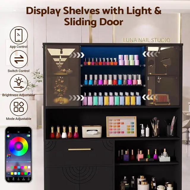 Alt view image 5 of 7 - Professional Nail Storage Cabinet with LED Display Shelf (Black) | 3 Adjustable Shelves, Sliding Mirror & Glass Doors, Large Salon Organizer Cabinet for Nail Polish, Beauty Salon & Home Studio