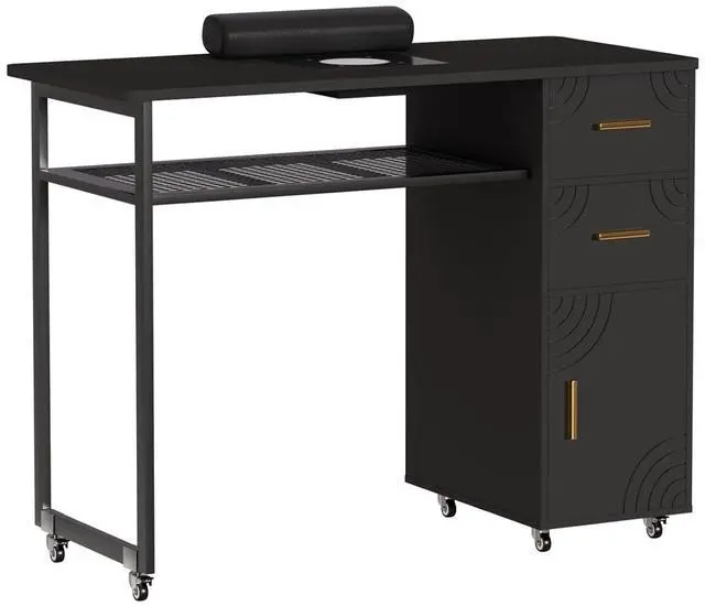 Main image of Manicure Table Nail Desk with Dust Collector & Wheels (Black) | 2 Storage Drawers & 1 Cabinet, 6 Smooth Rolling Casters (4 Lockable), Wrist Rest, Professional Nail Tech Workstation