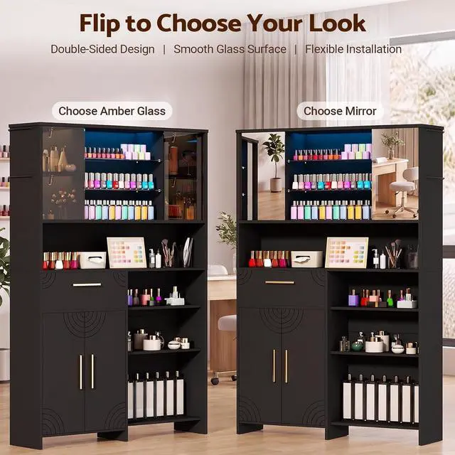 Alt view image 7 of 7 - Professional Nail Storage Cabinet with LED Display Shelf (Black) | 3 Adjustable Shelves, Sliding Mirror & Glass Doors, Large Salon Organizer Cabinet for Nail Polish, Beauty Salon & Home Studio