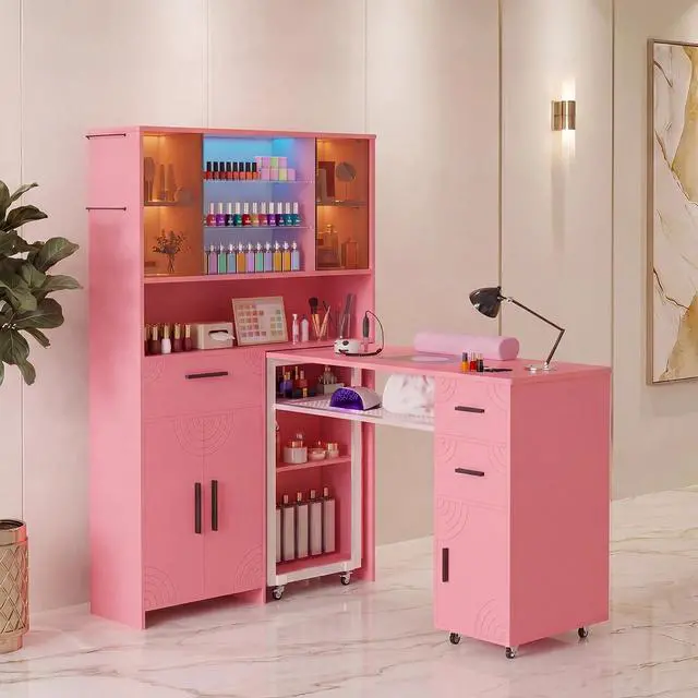 Main image of Mobile Manicure Table with Dust Collector, Double Tabletop Nail Desk for Technician, Nail Station w/Display Shelves, 3 Adjustable Layers, Drawers, Cabinets, Sliding Door & LED Light Strip, Pink
