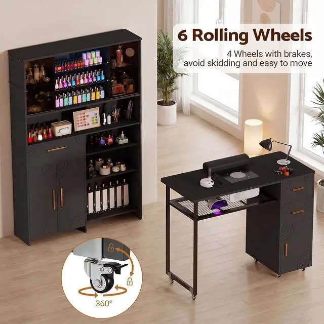 Alt view image 4 of 4 - Manicure Table Nail Desk with Dust Collector & Wheels (Black) | 2 Storage Drawers & 1 Cabinet, 6 Smooth Rolling Casters (4 Lockable), Wrist Rest, Professional Nail Tech Workstation