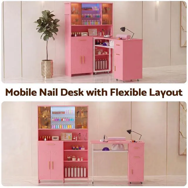 Alt view image 3 of 7 - Mobile Manicure Table with Dust Collector, Double Tabletop Nail Desk for Technician, Nail Station w/Display Shelves, 3 Adjustable Layers, Drawers, Cabinets, Sliding Door & LED Light Strip, Pink