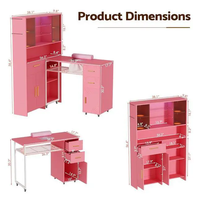 Alt view image 2 of 7 - Mobile Manicure Table with Dust Collector, Double Tabletop Nail Desk for Technician, Nail Station w/Display Shelves, 3 Adjustable Layers, Drawers, Cabinets, Sliding Door & LED Light Strip, Pink